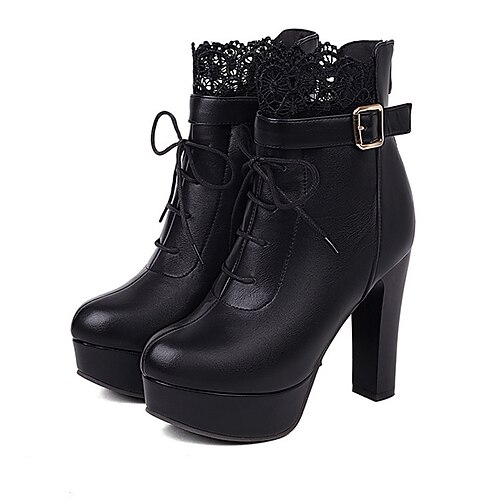 

Women's Boots Lace Up Boots Booties Ankle Boots Buckle Lace Lace-up Chunky Heel Round Toe Minimalism Daily PU Leather Lace-up Fall Winter Solid Colored Dark Brown White Black