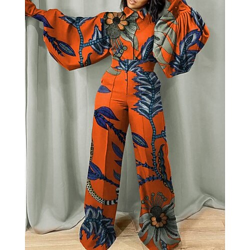 

Women's Plus Size Jumpsuit Print Floral Streetwear Casual Daily High Full Length Fall Spring Orange L XL XXL 3XL 4XL