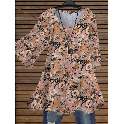 

Women's Plus Size Tops Blouse Shirt Graphic Patterned Print 3/4 Length Sleeve Crewneck Streetwear Going out Polyester Summer Black And White Maroon