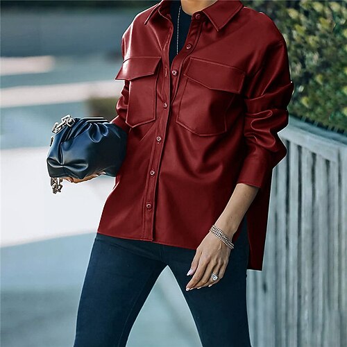 

Women's Faux Leather Jacket Regular Pocket Coat Black Wine Khaki Beige Casual Street Fall Single Breasted Turndown Regular Fit S M L XL XXL 3XL