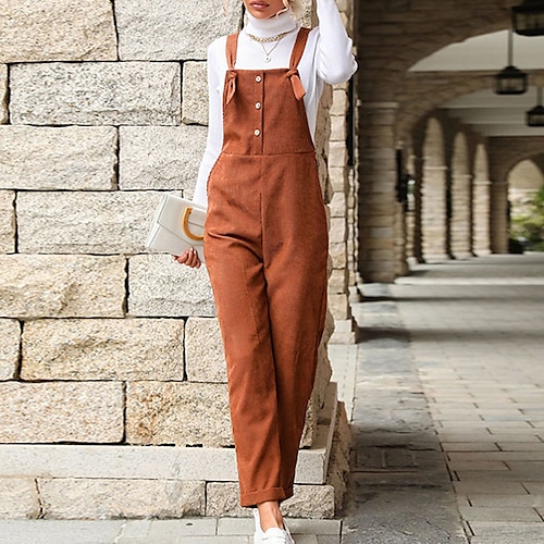 

Women's Overall Button Solid Color Square Neck Streetwear Street Going out Regular Fit Sleeveless Brown S M L Spring