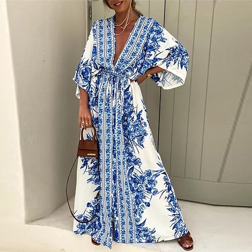 

Damen Schaukelkleid Blau 3/4 Ärmel Blumen Bedruckt Herbst Frühling Tiefes V 2022 S M L XL