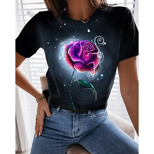 

Women's T shirt Tee Floral Rose Casual Holiday Weekend Floral Painting T shirt Tee Short Sleeve Print Round Neck Basic Essential Black S / 3D Print