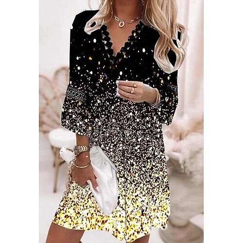 

Women's A Line Dress Short Mini Dress Black 3/4 Length Sleeve Print Sequins Spring Summer V Neck Stylish Casual 2022 S M L XL XXL 3XL 4XL