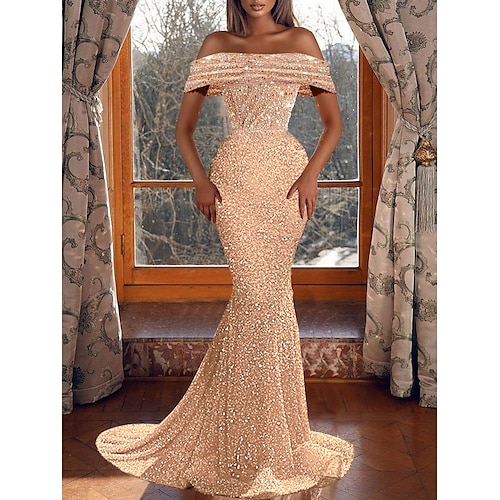 

Mermaid / Trumpet Evening Dresses Sexy Dress Prom Asymmetrical Short Sleeve Off Shoulder Sequined with Sequin 2022 / Sparkle & Shine