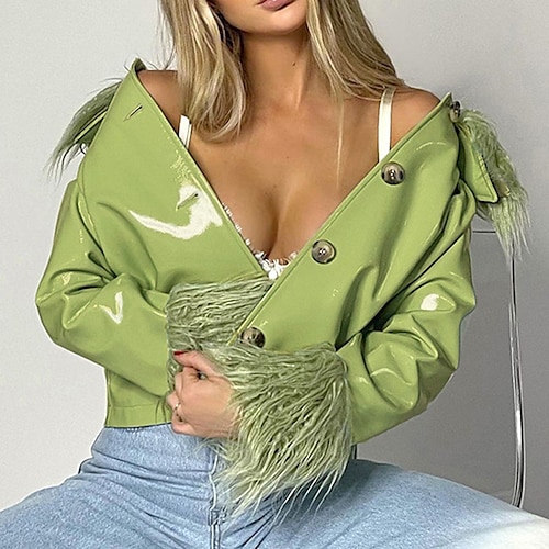 

Women's Faux Leather Jacket Breathable Outdoor Street Daily Going out Pocket Single Breasted Turndown Solid Color Regular Fit Outerwear Long Sleeve Fall Spring Green Brown S M L