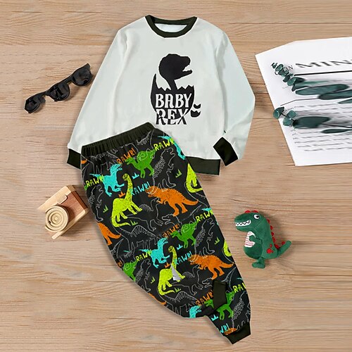 

2 Pieces Kids Boys Sweatshirt & Pants Clothing Set Outfit Animal Letter Dinosaur Long Sleeve Print Set Outdoor Sports Fashion Cool Fall Spring 3-12 Years White