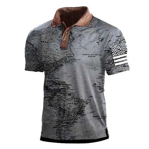 

Men's Collar Polo Shirt Golf Shirt Map Turndown Dusty Blue 3D Print Street Daily Short Sleeve 3D Button-Down Clothing Apparel Fashion Casual Breathable Comfortable / Beach