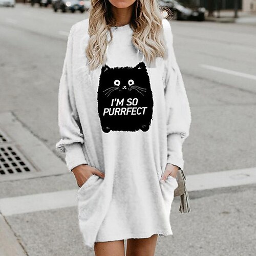 

Women's Shift Dress Short Mini Dress White Long Sleeve Fall Cat Letter Animal Pocket Print Fall Winter Hooded Casual 2022 S M L XL XXL 3XL