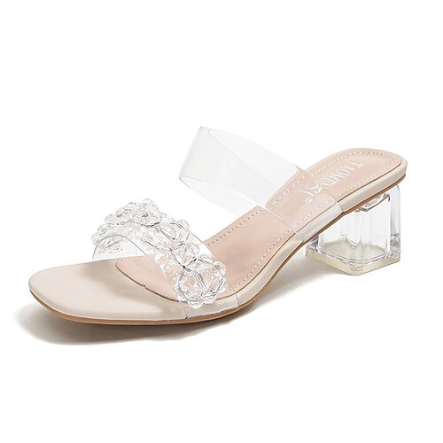 

Women's Sandals Clear Shoes Crystal Chunky Heel Open Toe Elegant Sweet Daily Office Faux Leather Loafer Spring Summer Solid Colored Almond Rosy Pink