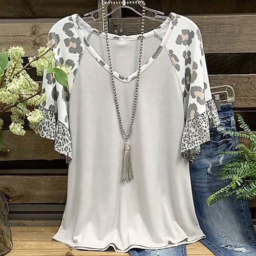 

Women's Casual Weekend Painting T shirt Tee Leopard Short Sleeve Ruffle Print V Neck Basic Tops Beige S / 3D Print