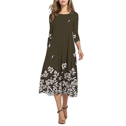 

Women's Casual Dress Shift Dress Midi Dress Army Green Navy Blue 3/4 Length Sleeve Floral Ruched Winter Fall Autumn Crew Neck Vacation 2023 S M L XL XXL 3XL