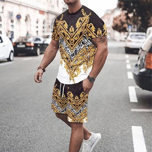 

Men's T-shirt Suits Tennis Shirt Graphic Geometric Crew Neck Gold Red Gray White 3D Print Street Daily Short Sleeve Print Clothing Apparel 2pcs Basic Fashion Lightweight Casual / Summer / Spring