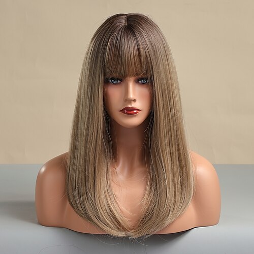 

Ombre Brown Long Kinky Straight With Bangs Black Blonde Hair for Women Daily