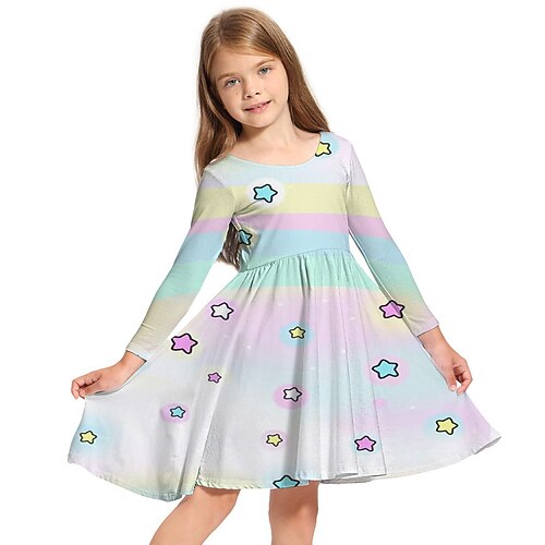 

Kids Little Girls' Dress Rainbow A Line Dress Daily Holiday Vacation Print Rainbow Above Knee Long Sleeve Casual Cute Sweet Dresses Fall Spring Regular Fit 3-10 Years