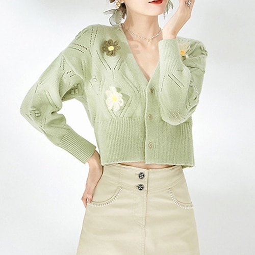 

Women's Cardigan Sweater Jumper Knit Knitted Button Floral V Neck Stylish Elegant Daily Going out Fall Winter Green Beige S M L / Long Sleeve / Regular Fit