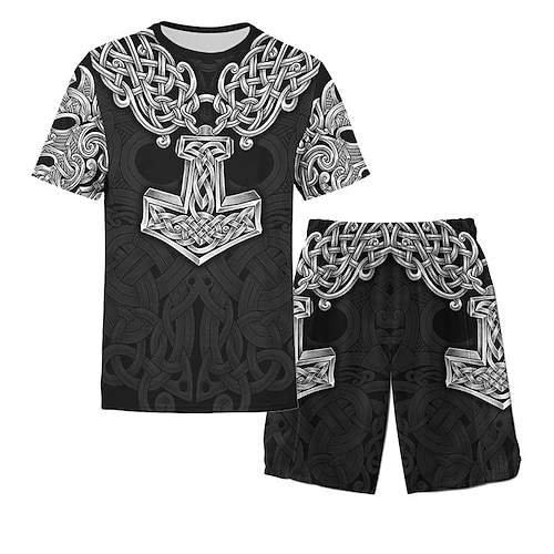 

Men's Shorts and T Shirt Set T-Shirt Outfits Graphic Tribal Crew Neck Brown Gray 3D Print Street Daily Short Sleeve Print Clothing Apparel 2pcs Basic Fashion Lightweight Casual / Summer / Spring