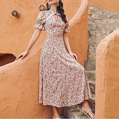 

Women's Sheath Dress Maxi long Dress Pink Short Sleeve Floral Lace up Ruffle Cut Out Fall Summer High Neck Romantic Vintage Puff Sleeve 2022 S M L XL