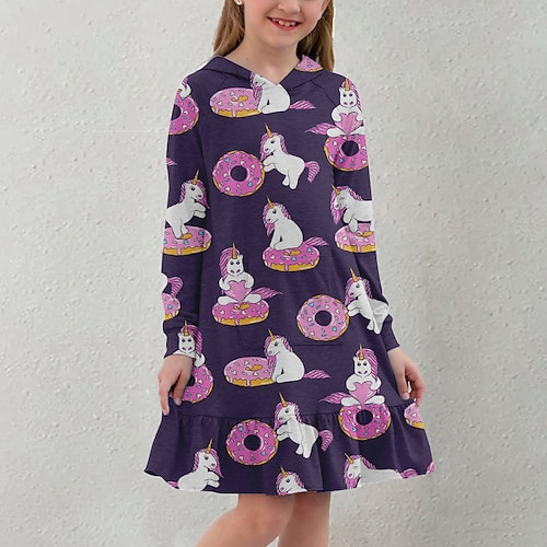 

Kids Little Girls' Dress Unicorn Animal A Line Dress Daily Holiday Vacation Ruffle Print Purple Above Knee Long Sleeve Casual Cute Sweet Dresses Fall Spring Regular Fit 3-12 Years
