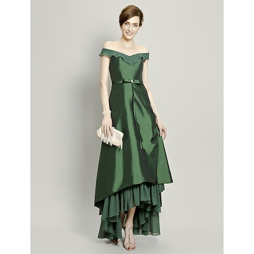 

A-Line Mother of the Bride Dress Elegant Off Shoulder Asymmetrical Chiffon Taffeta Short Sleeve with Pick Up Skirt Bow(s) Beading 2022