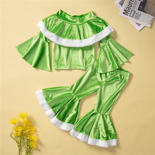 

Kids Girls' Clothing Set 2 Pieces Long Sleeve Green Red Solid Color Print Christmas Gifts Vacation Basic Essential Costume Regular 1-5 Years