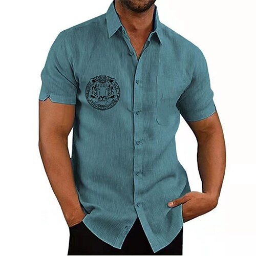 

Men's Shirt Solid Color Tiger Turndown Street Casual Button-Down Print Half Sleeve Tops Designer Casual Fashion Breathable Sea Blue White Black / Summer