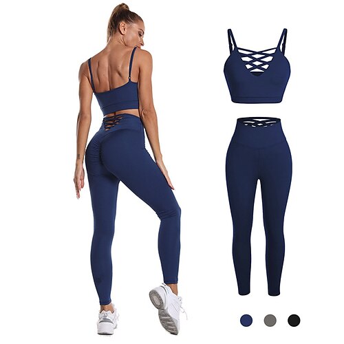 

Women's Activewear Set Sports Bra with Tights Yoga Suit 2 Piece Cropped Solid Color Sports Bra Leggings Black Gray Yoga Fitness Gym Workout Tummy Control Butt Lift Breathable Sport Activewear Stretchy