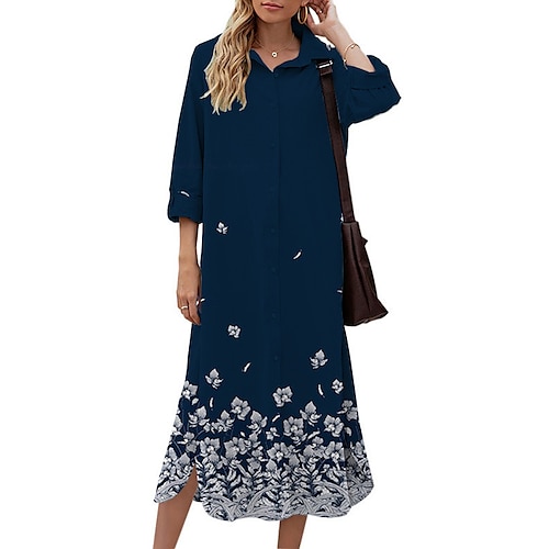 

Women's Shift Dress Midi Dress Navy Blue 3/4 Length Sleeve Floral Button Print Fall Spring Shirt Collar Casual Fashion 2022 S M L XL XXL 3XL