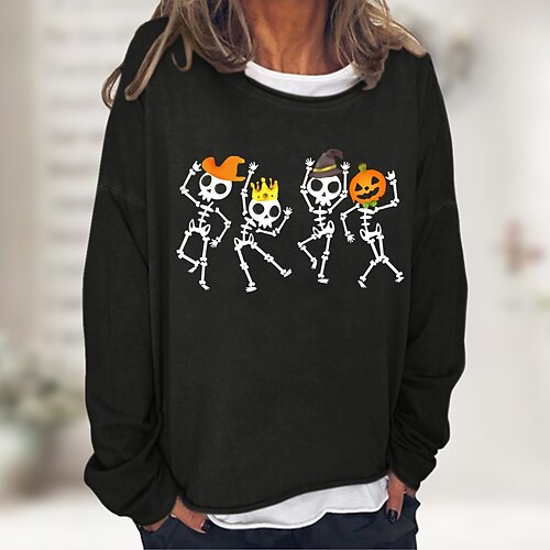 

Women's Pullover Basic Casual Halloween Print Black Khaki Light Grey Graphic Halloween Skeleton Loose Fit Halloween Crew Neck Long Sleeve S M L XL XXL 3XL