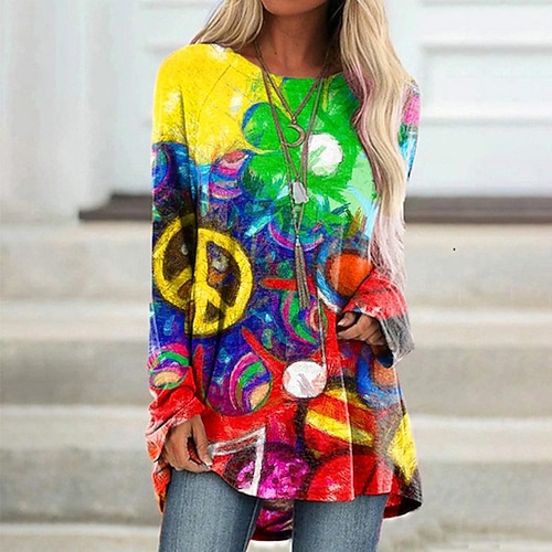

Women's T shirt Tee Graphic Patterned Casual Weekend Painting T shirt Tee Long Sleeve Print Round Neck Basic Essential Rainbow S / 3D Print