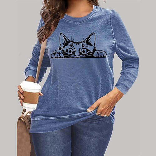 

Women's Plus Size Tops Pullover Sweatshirt Cat Animal Print Long Sleeve Crewneck Streetwear Daily Vacation Microfiber Fall Spring Blue Gray