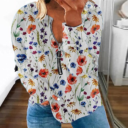 

Women's Plus Size Tops Pullover Sweatshirt Floral Zipper Print Long Sleeve Round Neck Streetwear Daily Vacation Polyester Fall Spring White Blue