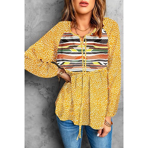 

Women's Shirt Polka Dot Striped Daily Weekend Shirt Long Sleeve Lace up Print V Neck Casual Streetwear Yellow S / 3D Print