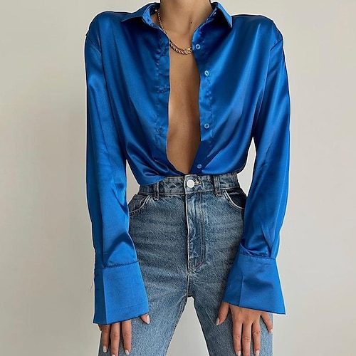 

Women's Shirt Plain Daily Work Shirt Long Sleeve Shirt Collar Basic Casual Green Blue Purple S
