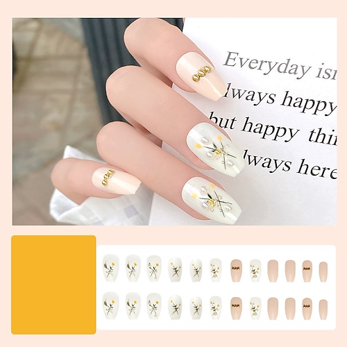 

24pcs Summer Light Luxury French Pearl Point Diamond Tulip Wearing Nail Long Fake Nail Patch Manicure Finished Product