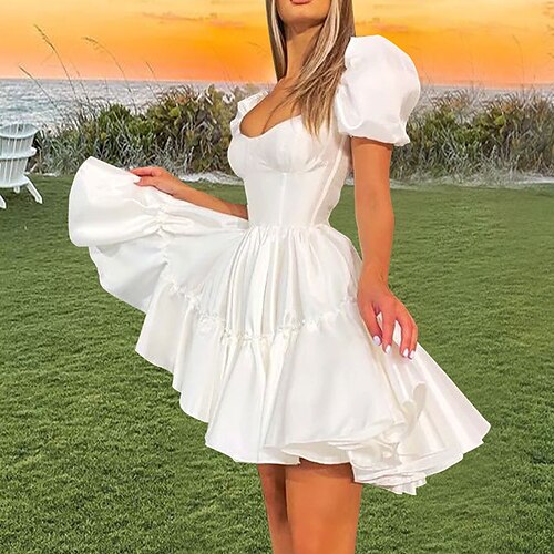 

Princess Ball Gown Wedding Dresses Square Neck Short / Mini Taffeta Short Sleeve Simple Sexy Little White Dress Backless with Pleats 2022