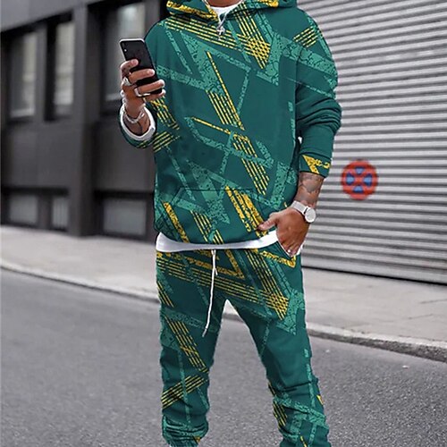 

Men's Tracksuit Hoodies Set Graphic Patterned Geometric 2 Piece Print Sports Outdoor Casual Sports 3D Print Sportswear Basic Essential Hoodies Sweatshirts Green White Blue