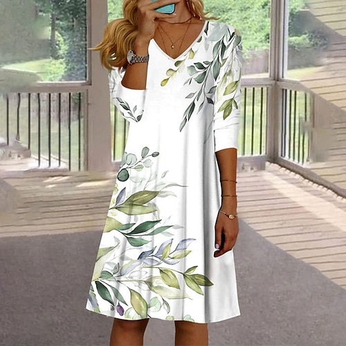 

Women's Casual Dress T Shirt Dress Tee Dress Midi Dress Green Blue Pink 3/4 Length Sleeve Floral Print Winter Fall Autumn V Neck Loose Fit 2022 S M L XL 2XL 3XL