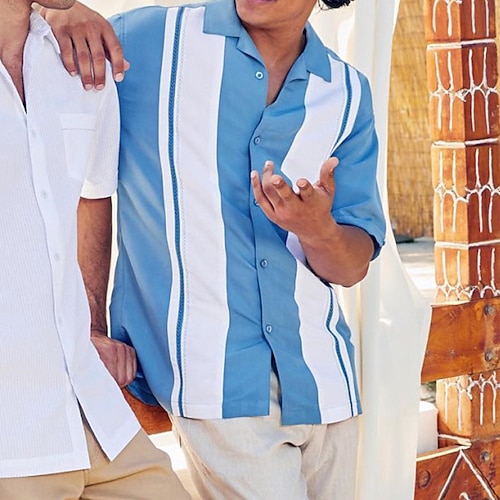 

Men's Shirt Striped Turndown Street Daily Button-Down Short Sleeve Tops Casual Fashion Comfortable Beach Blue