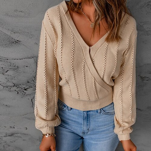 

Women's Pullover Sweater Jumper Cable Knit Knitted Pure Color V Neck Stylish Casual Going out Outdoor Fall Winter Khaki S M L / Long Sleeve / Regular Fit