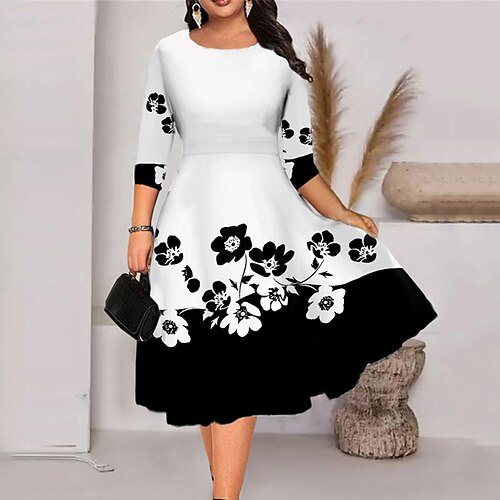 

Women's Plus Size Holiday Dress Floral Crew Neck Print 3/4 Length Sleeve Fall Spring Work Midi Dress Daily Vacation Dress