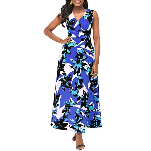 

Women's A Line Dress Maxi long Dress Blue Sleeveless Floral Patchwork Print Summer V Neck Elegant Fashion Modern 2022 S M L XL 2XL