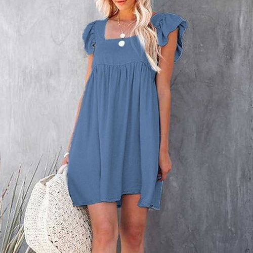 

Mulheres Vestido de turno Vestido Jeans Azul Claro Manga Curta Cor imaculada Frufru Primavera Verão Decote Quadrado Final de semana Ajuste Largo 2022 S M L XL