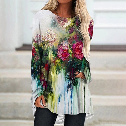 

Women's Shift Dress Knee Length Dress Green Long Sleeve Floral Print Fall Spring Crew Neck Casual Vacation 2022 S M L XL XXL 3XL