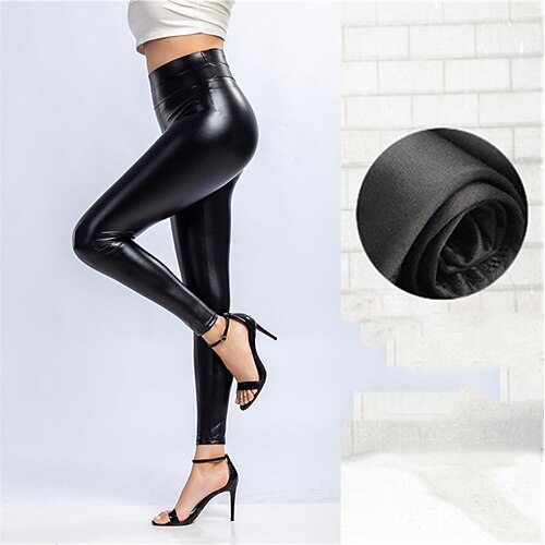 

Women's Skinny Leather Pants Fleece Pants Tights PU Faux Leather Matte without velvet Matte fleece bright fleece High Waist Tights Casual Weekend High Elasticity Full Length Tummy Control Solid Color