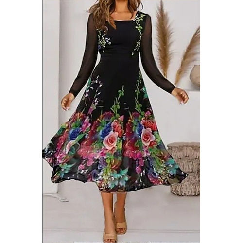 

Women's Midi Dress Black Long Sleeve Floral Mesh Winter Fall Autumn Square Neck Modern Winter Dress Fall Dress 2022 S M L XL XXL 3XL