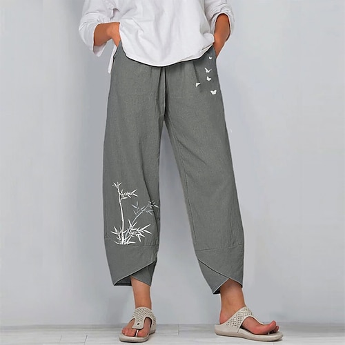 

Women's Culottes Wide Leg Chinos Pants Trousers Cotton Blend Gray High Waist Chino Casual Print Ankle-Length Bird M L XL XXL / Loose Fit