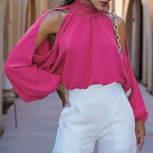 

Women's Shirt Plain Daily Weekend Shirt Long Sleeve Cut Out High Neck Casual Streetwear Lantern Sleeve Blue Yellow Red S