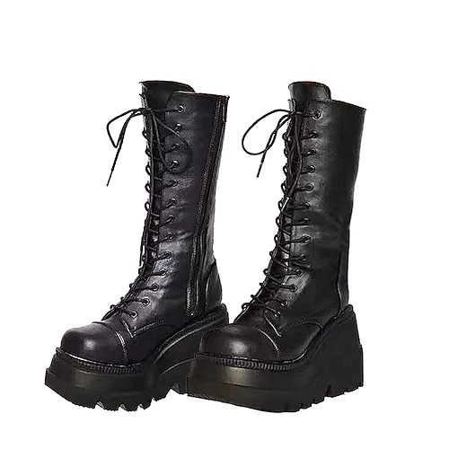 

Women's Boots Halloween Daily Club Goth Boots Costume Shoes Lace Up Boots Mid Calf Boots Winter Lace-up Platform Wedge Heel Round Toe Punk Gothic Faux Leather Zipper Solid Colored Black