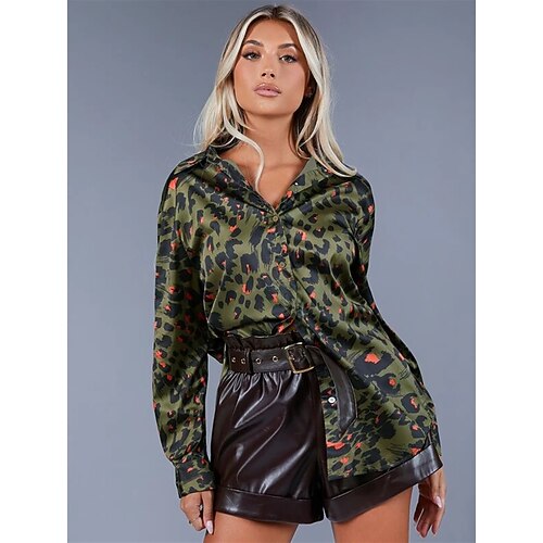 

Women's Blouse Shirt Army Green Leopard Button Print Long Sleeve Daily Weekend Streetwear Casual Shirt Collar Regular S / 3D Print